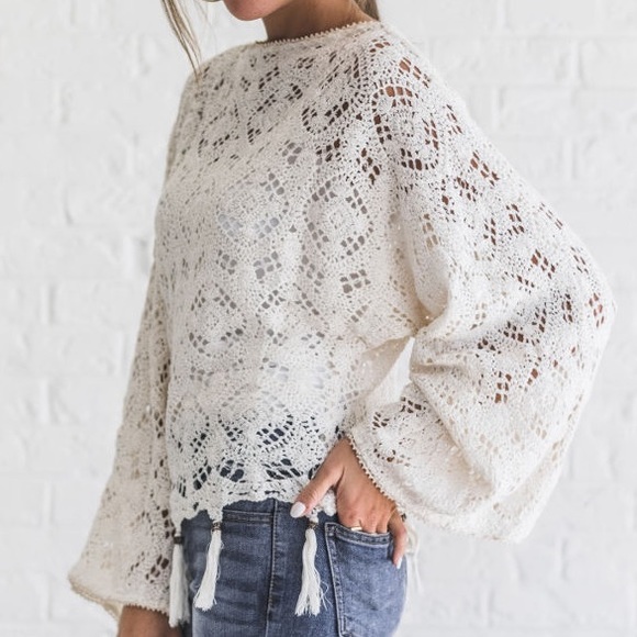 Cream Crochet Lace Knit Long Bell Sleeve Boho Top - Picture 2 of 5